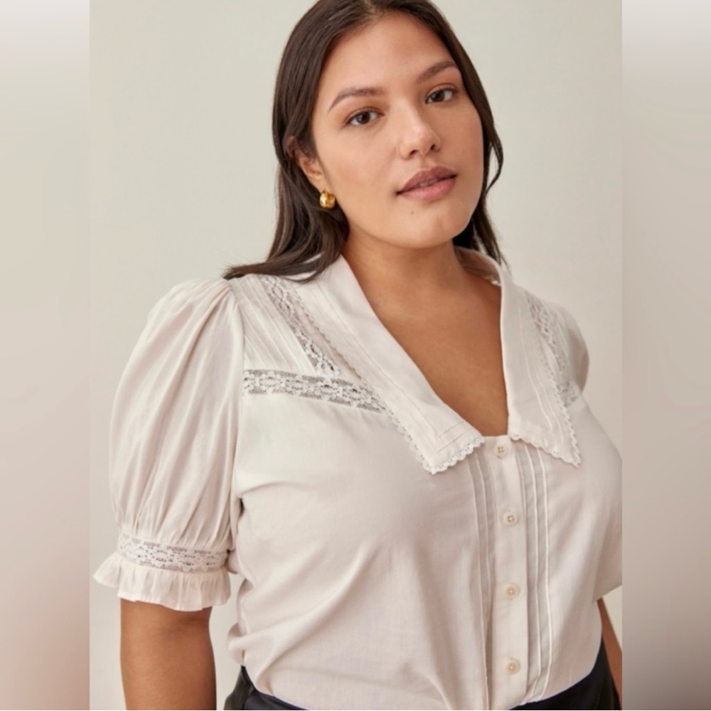Reformation Cream Lace-Trim Puff Sleeve Blouse